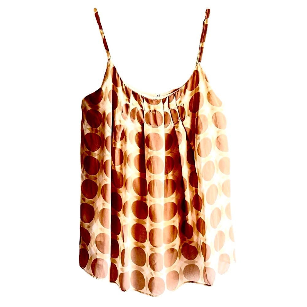 New York and Co. Womens SZ Small Sleeveless Summer Top Flowy Tan Polka Dots